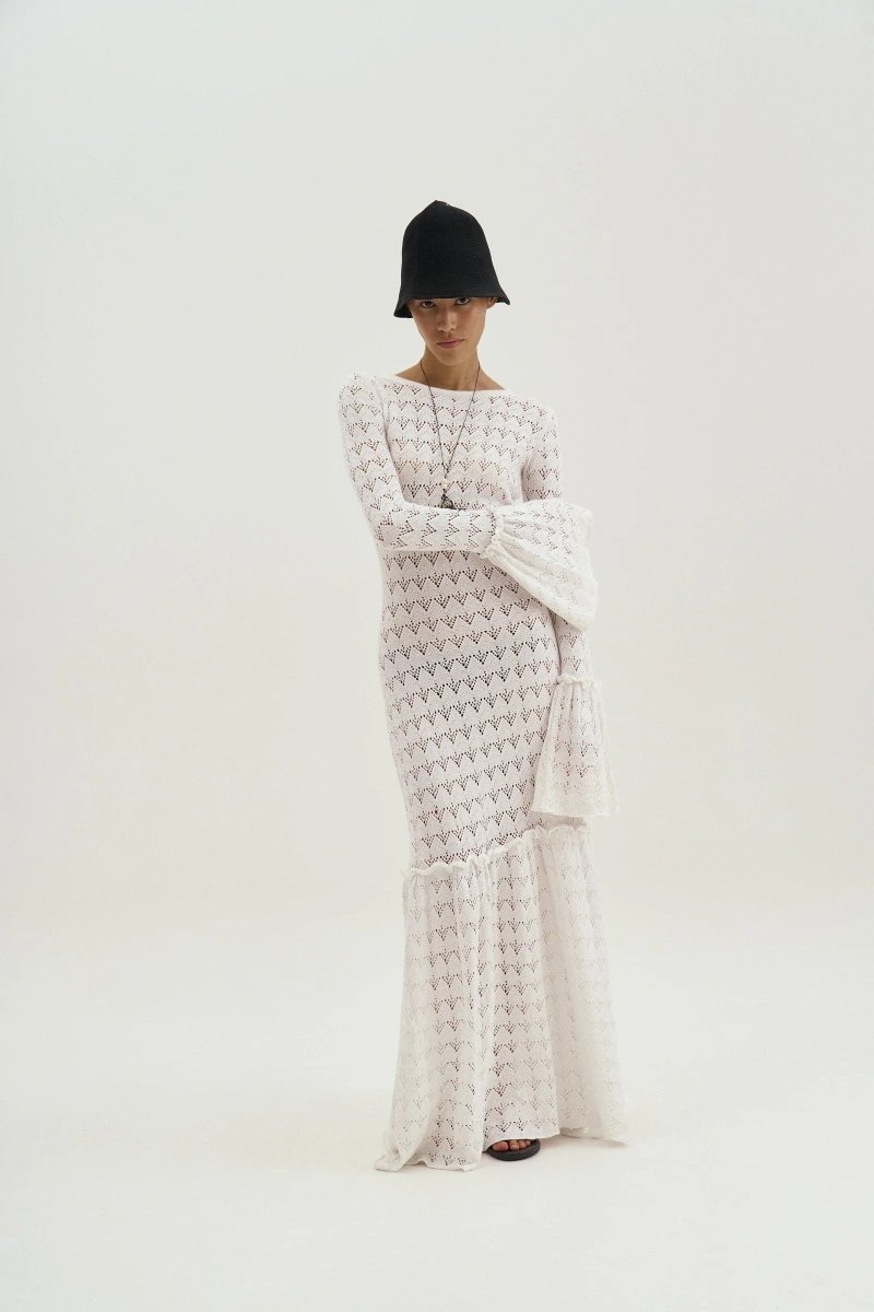 Boat Neck Long Sleeve Pointelle Bell Cuff Mermaid Knit Maxi Dress