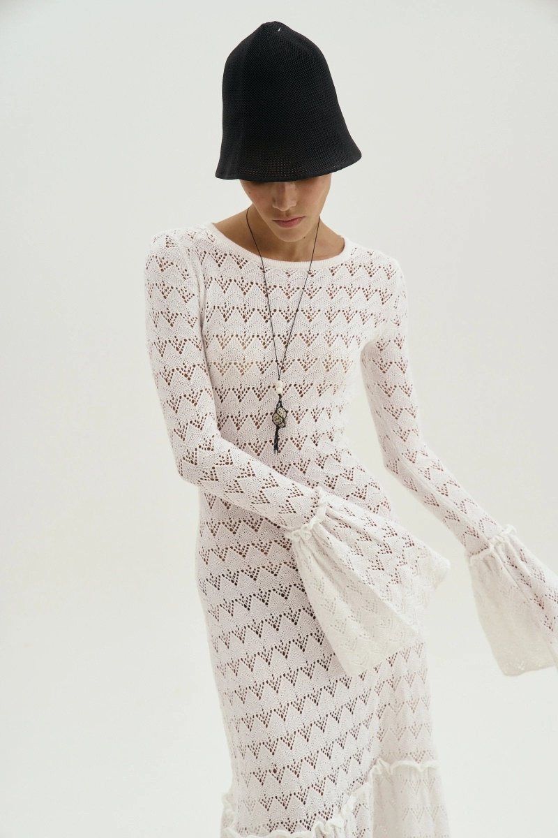 Boat Neck Long Sleeve Pointelle Bell Cuff Mermaid Knit Maxi Dress