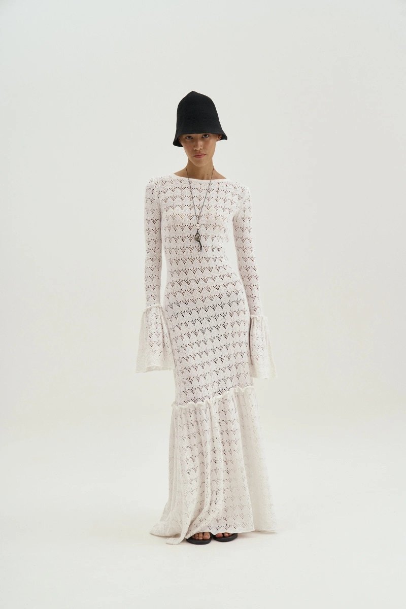 Boat Neck Long Sleeve Pointelle Bell Cuff Mermaid Knit Maxi Dress