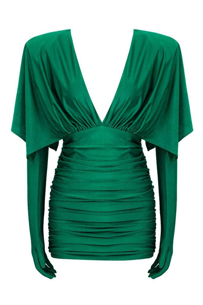 Deep V-Neck Ruched Cape Sleeve Bodycon Mini Dress