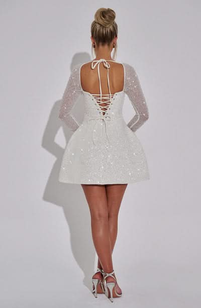 Square Neck Sequin Embellished Long Sleeve Skater Mini Dress