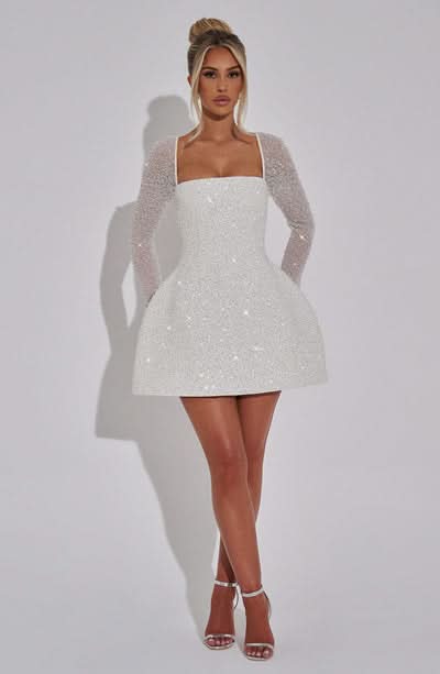 Square Neck Sequin Embellished Long Sleeve Skater Mini Dress