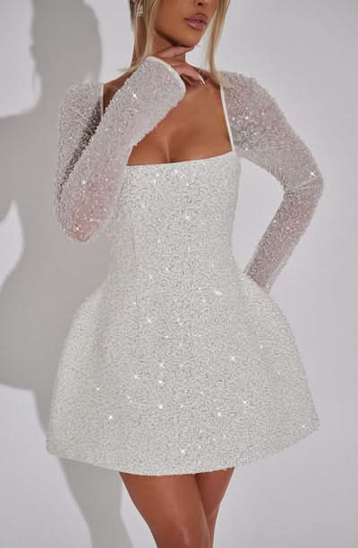 Square Neck Sequin Embellished Long Sleeve Skater Mini Dress