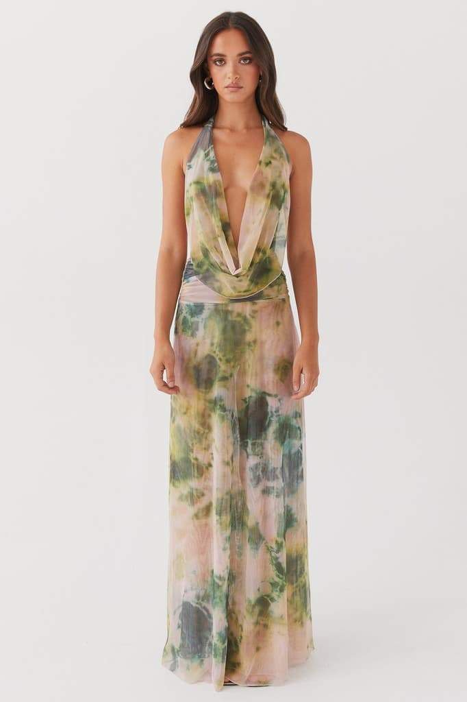 Tie-Dye Print Halter Deep V-Neck Backless Rib Knit Mesh Maxi Dress