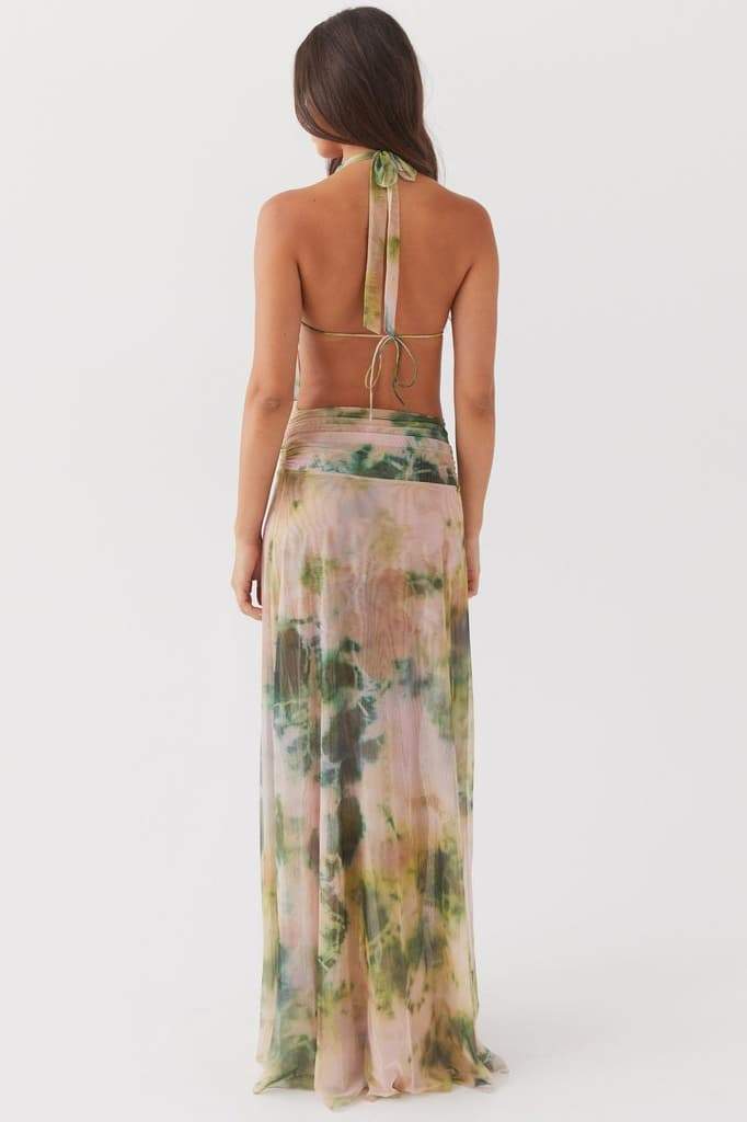 Tie-Dye Print Halter Deep V-Neck Backless Rib Knit Mesh Maxi Dress