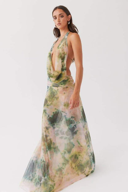 Tie-Dye Print Halter Deep V-Neck Backless Rib Knit Mesh Maxi Dress