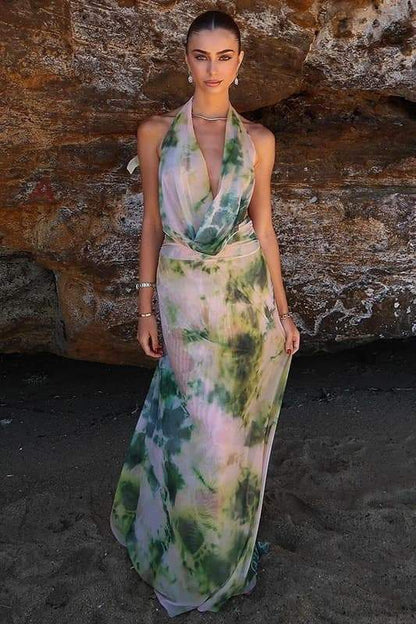 Tie-Dye Print Halter Deep V-Neck Backless Rib Knit Mesh Maxi Dress