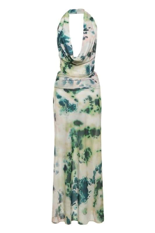 Tie-Dye Print Halter Deep V-Neck Backless Rib Knit Mesh Maxi Dress