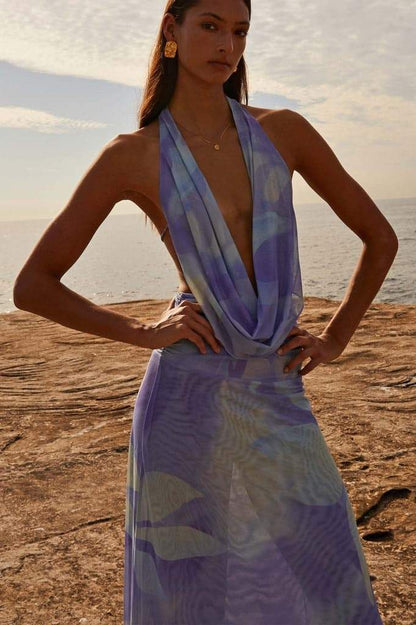Tie-Dye Print Halter Deep V-Neck Backless Rib Knit Mesh Maxi Dress