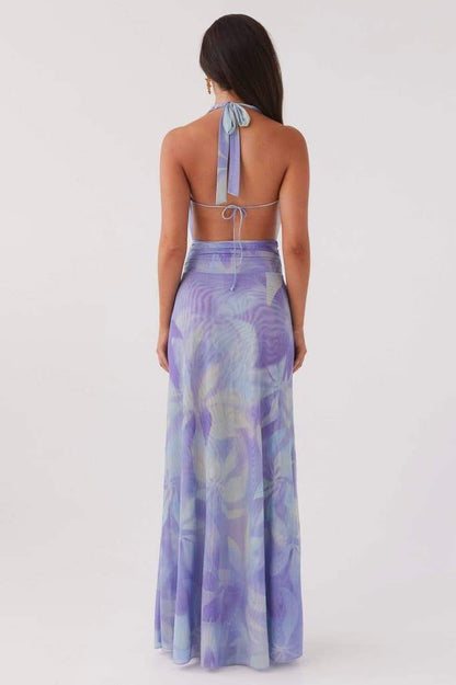 Tie-Dye Print Halter Deep V-Neck Backless Rib Knit Mesh Maxi Dress