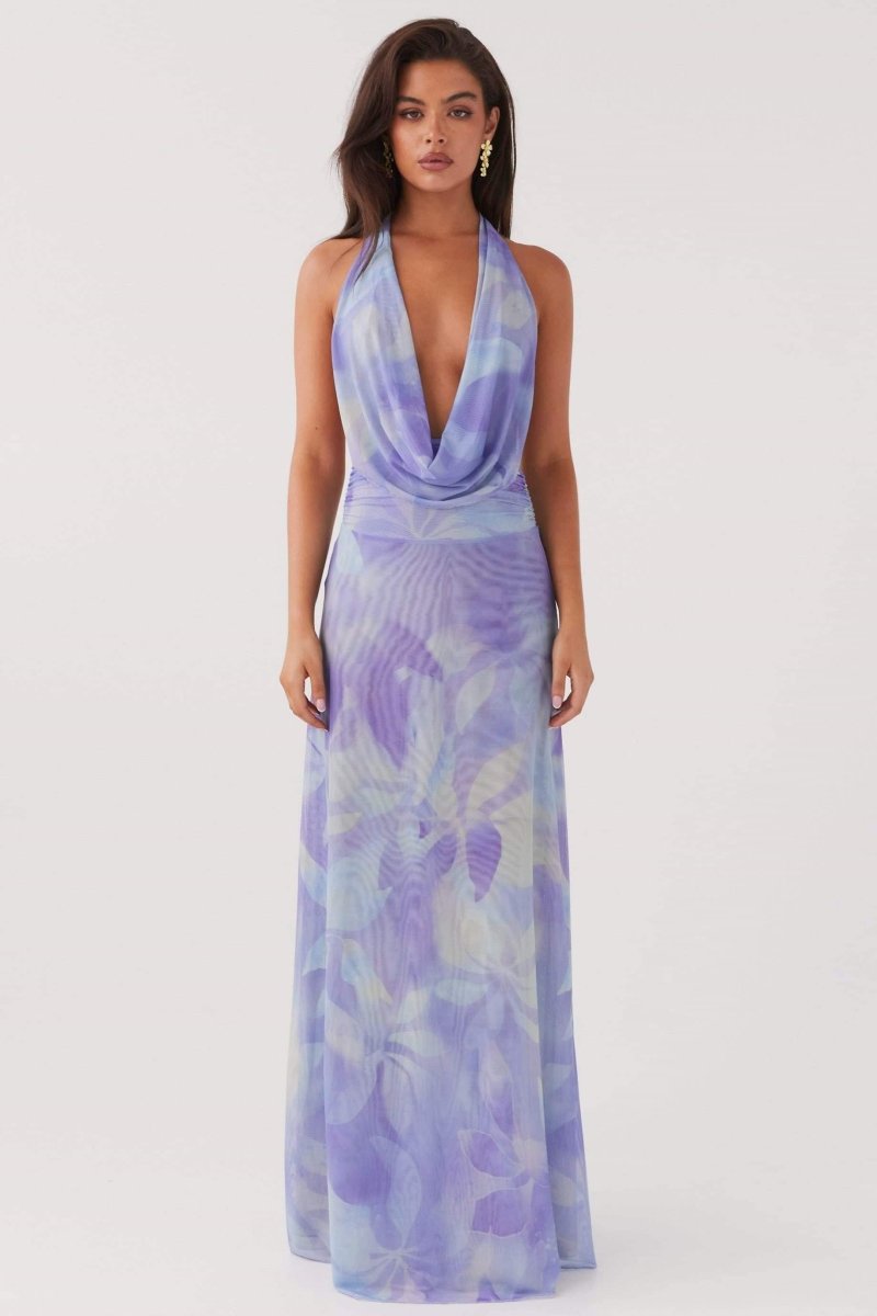 Tie-Dye Print Halter Deep V-Neck Backless Rib Knit Mesh Maxi Dress
