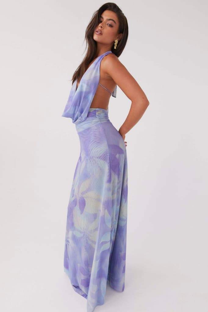 Tie-Dye Print Halter Deep V-Neck Backless Rib Knit Mesh Maxi Dress