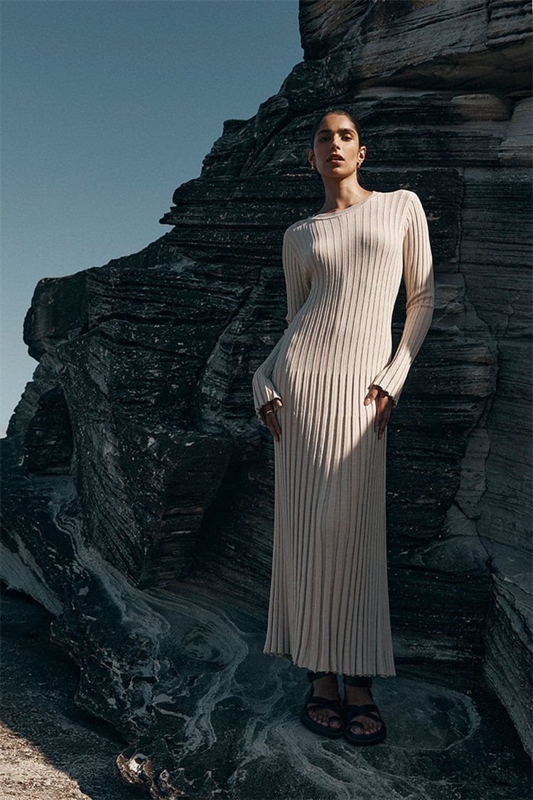 Rib Knit Lettuce Cuff Crew Neck Flared Maxi Dress