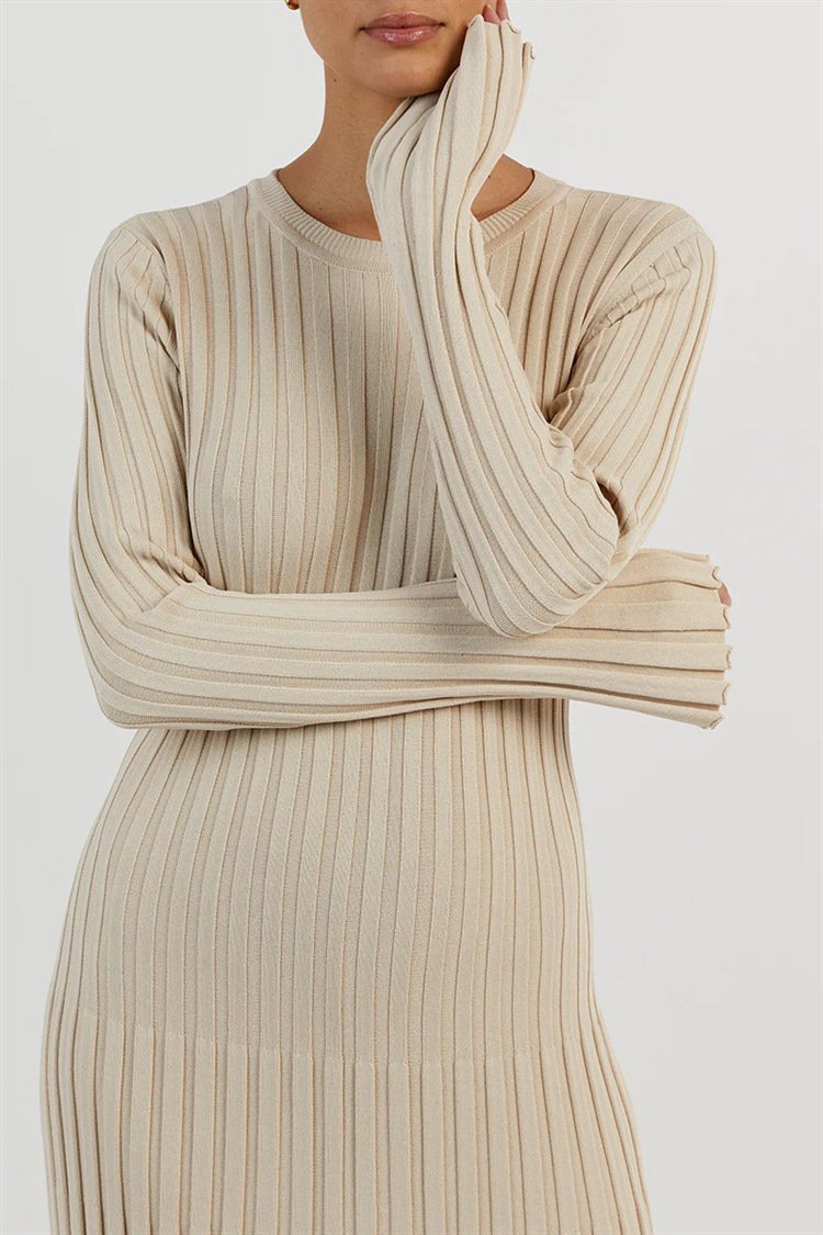 Rib Knit Lettuce Cuff Crew Neck Flared Maxi Dress