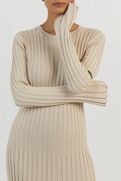 Rib Knit Lettuce Cuff Crew Neck Flared Maxi Dress