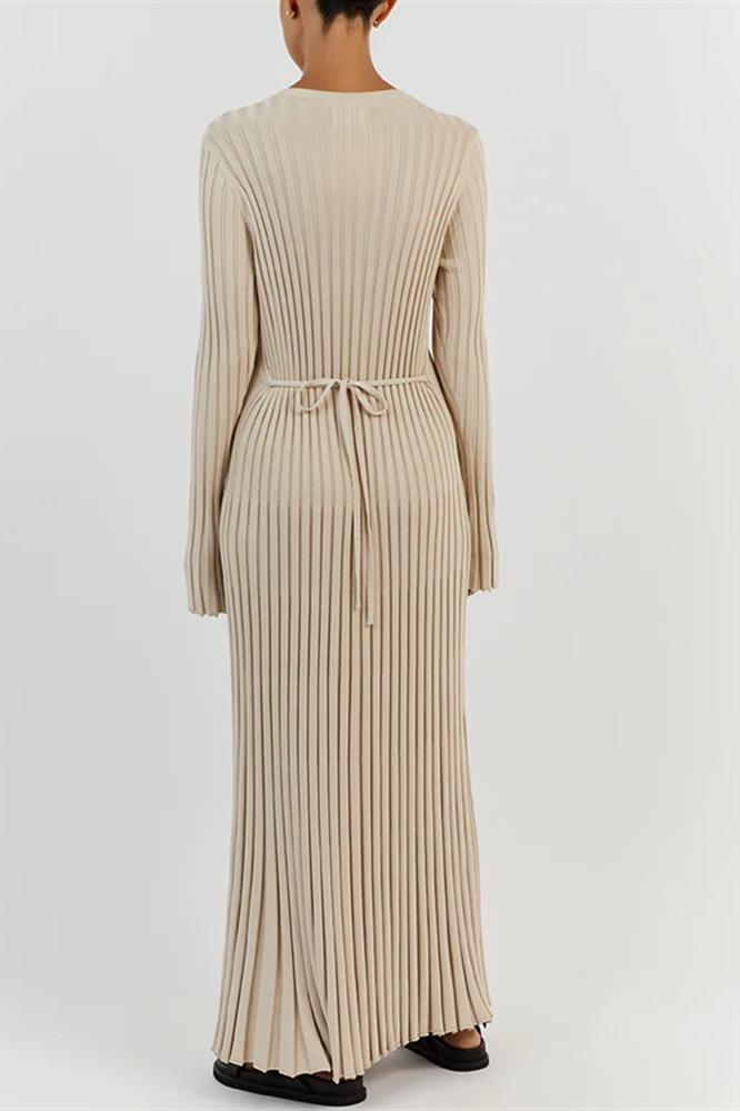 Rib Knit Lettuce Cuff Crew Neck Flared Maxi Dress