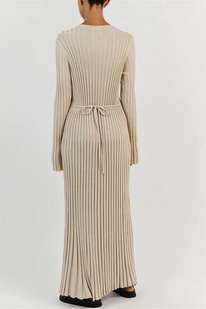 Rib Knit Lettuce Cuff Crew Neck Flared Maxi Dress