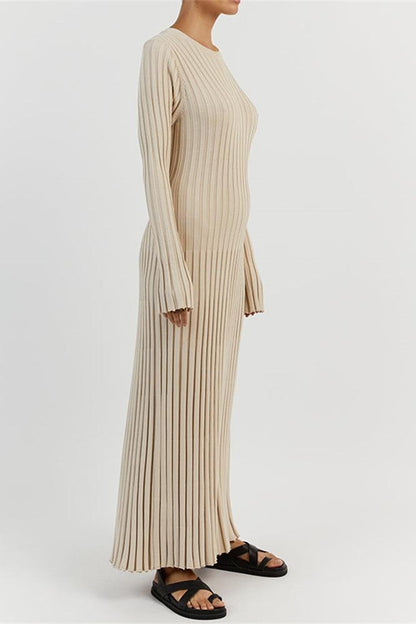 Rib Knit Lettuce Cuff Crew Neck Flared Maxi Dress
