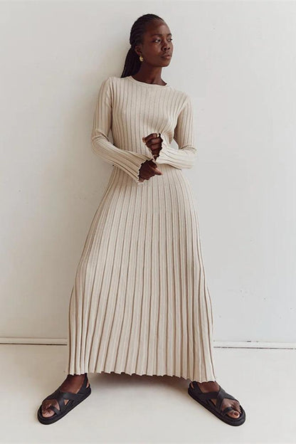 Rib Knit Lettuce Cuff Crew Neck Flared Maxi Dress