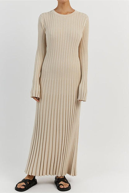 Rib Knit Lettuce Cuff Crew Neck Flared Maxi Dress