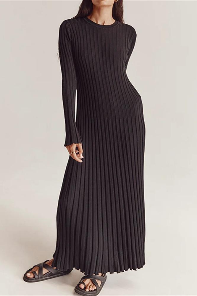 Rib Knit Lettuce Cuff Crew Neck Flared Maxi Dress