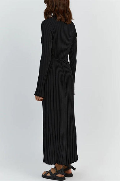 Rib Knit Lettuce Cuff Crew Neck Flared Maxi Dress