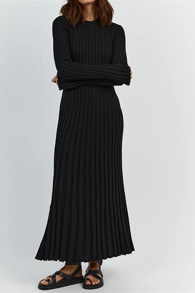 Rib Knit Lettuce Cuff Crew Neck Flared Maxi Dress