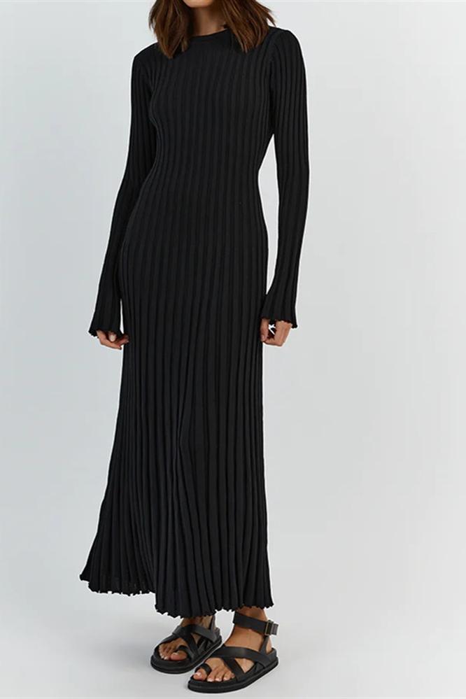 Rib Knit Lettuce Cuff Crew Neck Flared Maxi Dress
