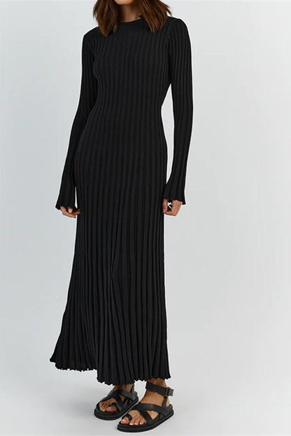 Rib Knit Lettuce Cuff Crew Neck Flared Maxi Dress