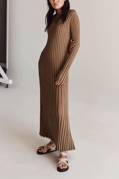 Rib Knit Lettuce Cuff Crew Neck Flared Maxi Dress