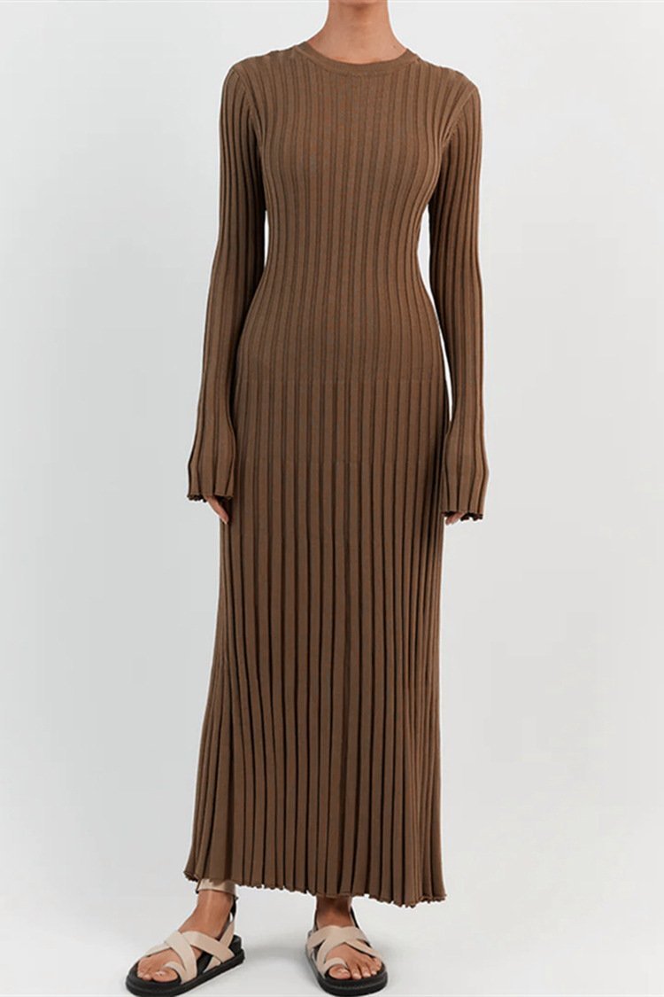 Rib Knit Lettuce Cuff Crew Neck Flared Maxi Dress