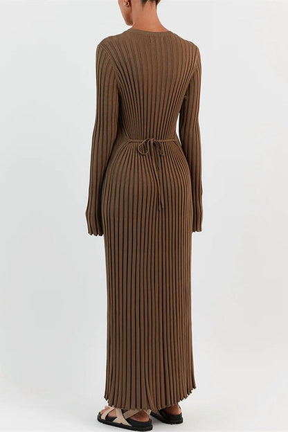 Rib Knit Lettuce Cuff Crew Neck Flared Maxi Dress