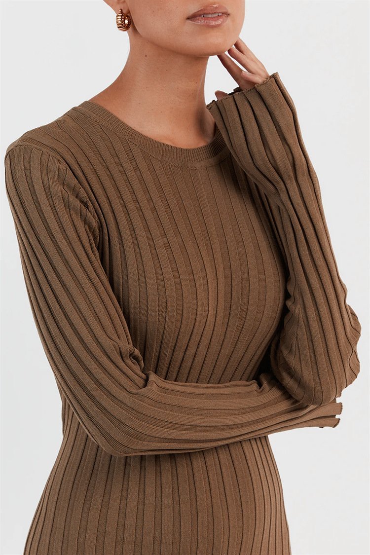 Rib Knit Lettuce Cuff Crew Neck Flared Maxi Dress