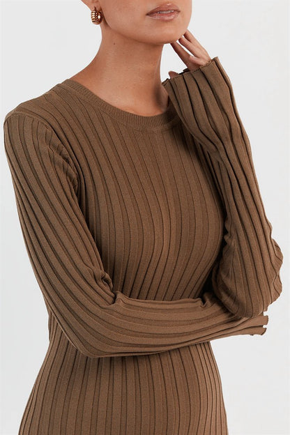 Rib Knit Lettuce Cuff Crew Neck Flared Maxi Dress