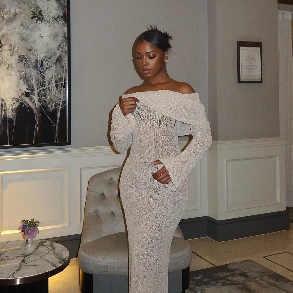Off Shoulder Foldover Collar Sheer Open Knit Long Sleeve Bodycon Maxi Dress