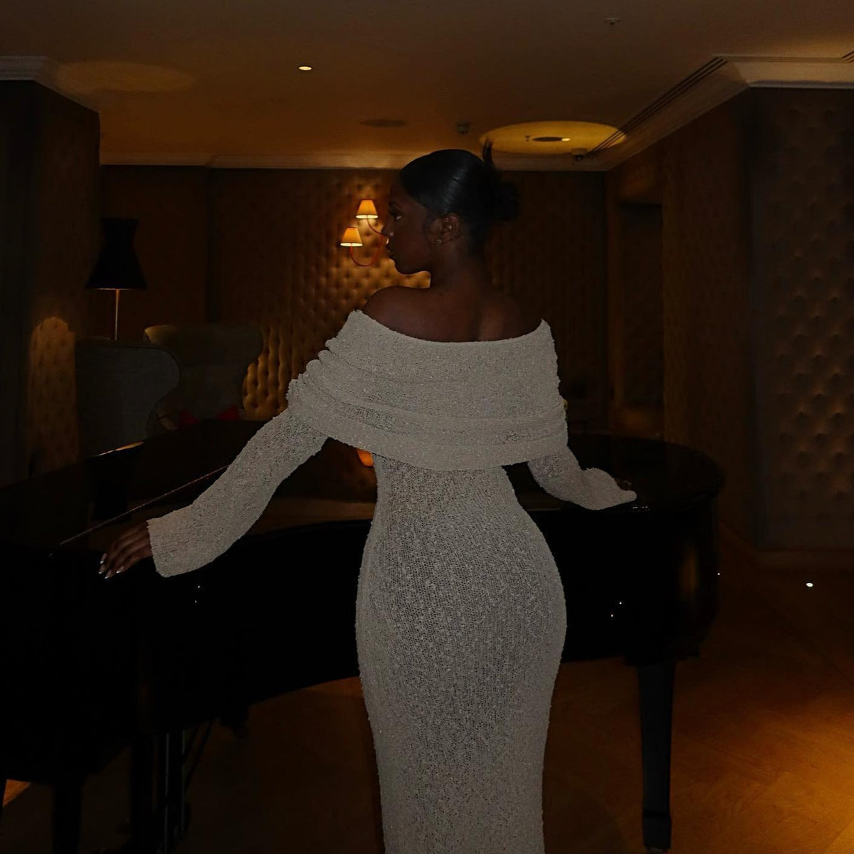 Off Shoulder Foldover Collar Sheer Open Knit Long Sleeve Bodycon Maxi Dress