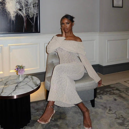 Off Shoulder Foldover Collar Sheer Open Knit Long Sleeve Bodycon Maxi Dress