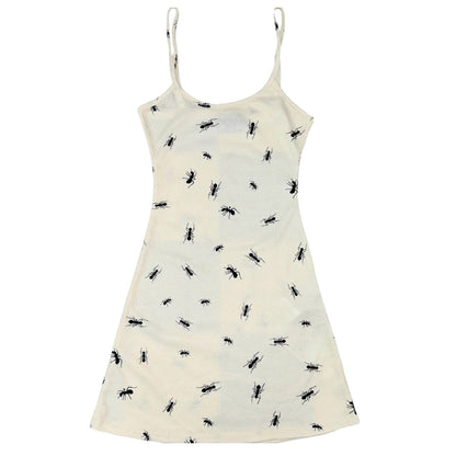 Scoop Neck Spaghetti Strap Ant Print Rib Knit Bodycon Mini Dress