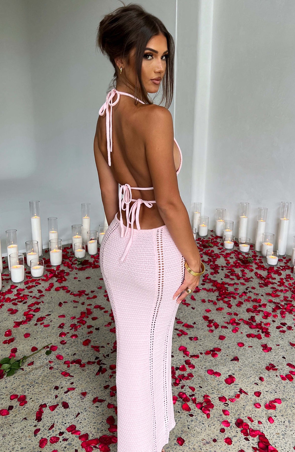 Halter Plunging V Neck Waist Cutout Pointelle Knit Column Maxi Dress