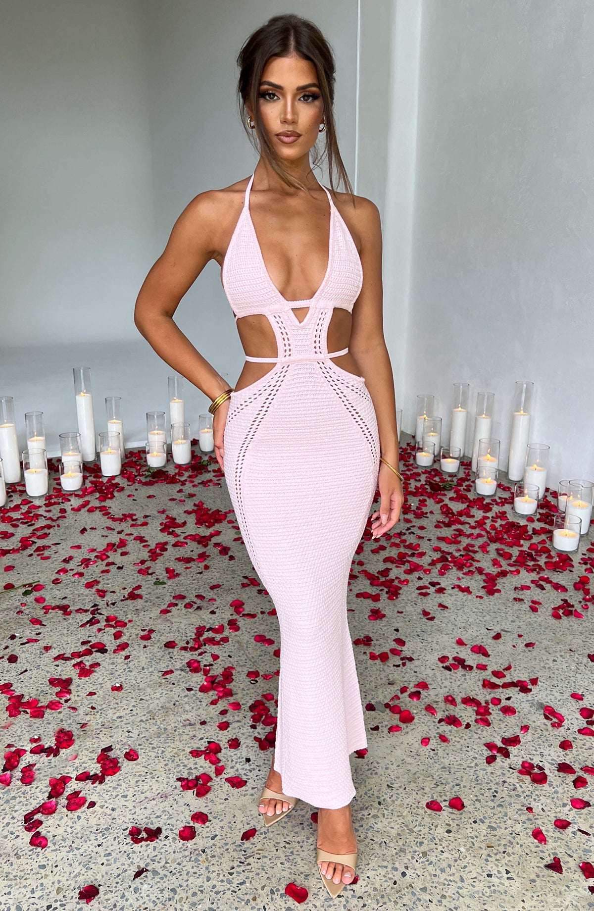 Halter Plunging V Neck Waist Cutout Pointelle Knit Column Maxi Dress
