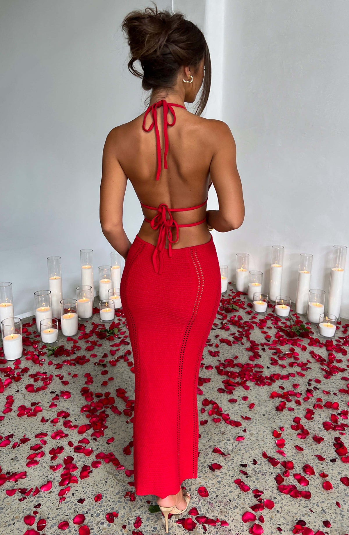 Halter Neck Crochet Pointelle Waist Cutout Maxi Dress