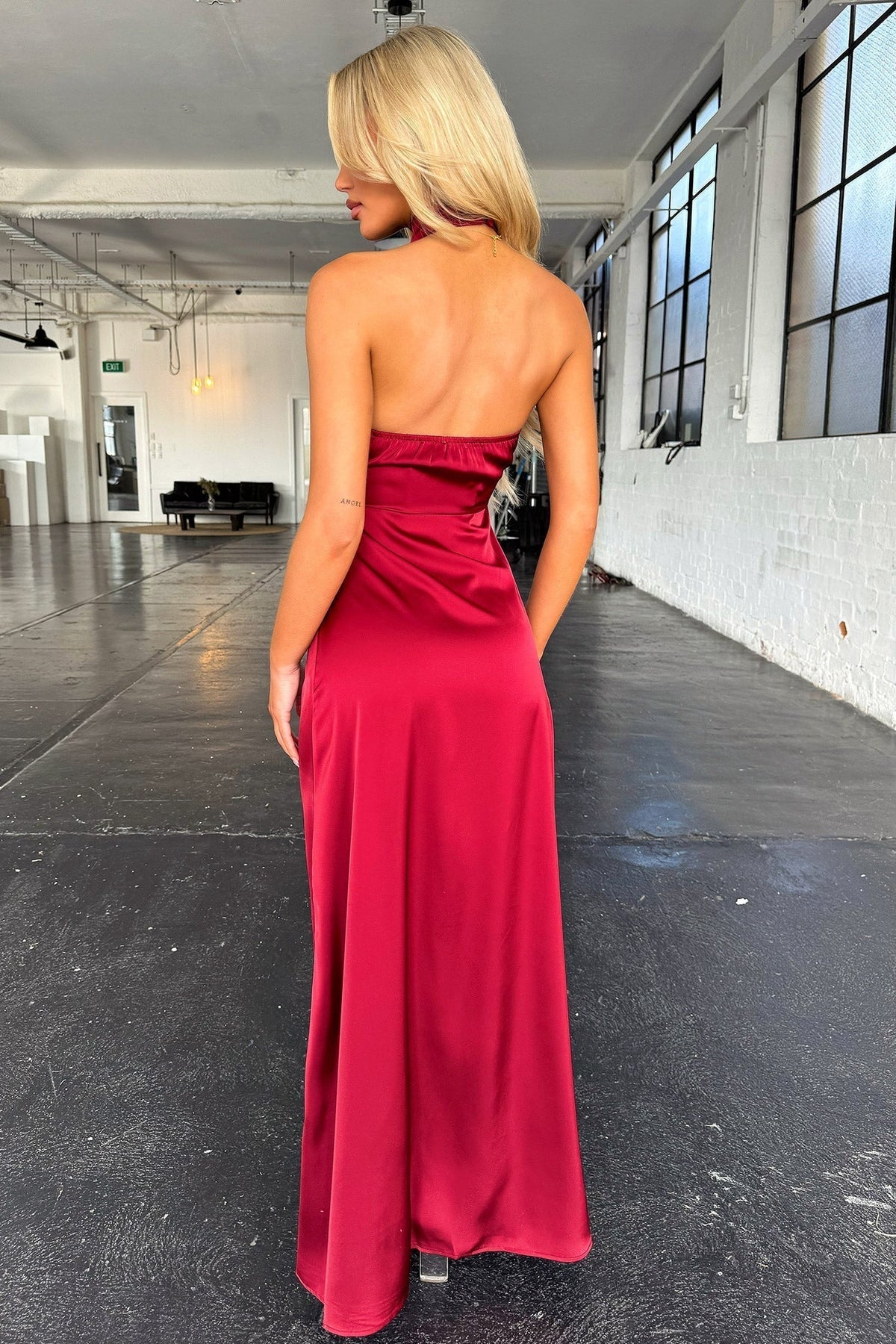 Mock Neck Halter Ruched Draped Side Slit Column Maxi Gown