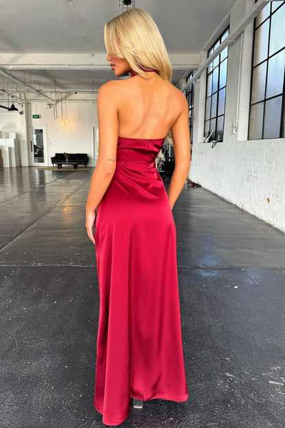 Mock Neck Halter Ruched Draped Side Slit Column Maxi Gown