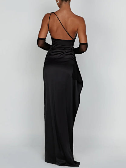 One Shoulder Ruched Bodice High Split Draped Satin Maxi Gown