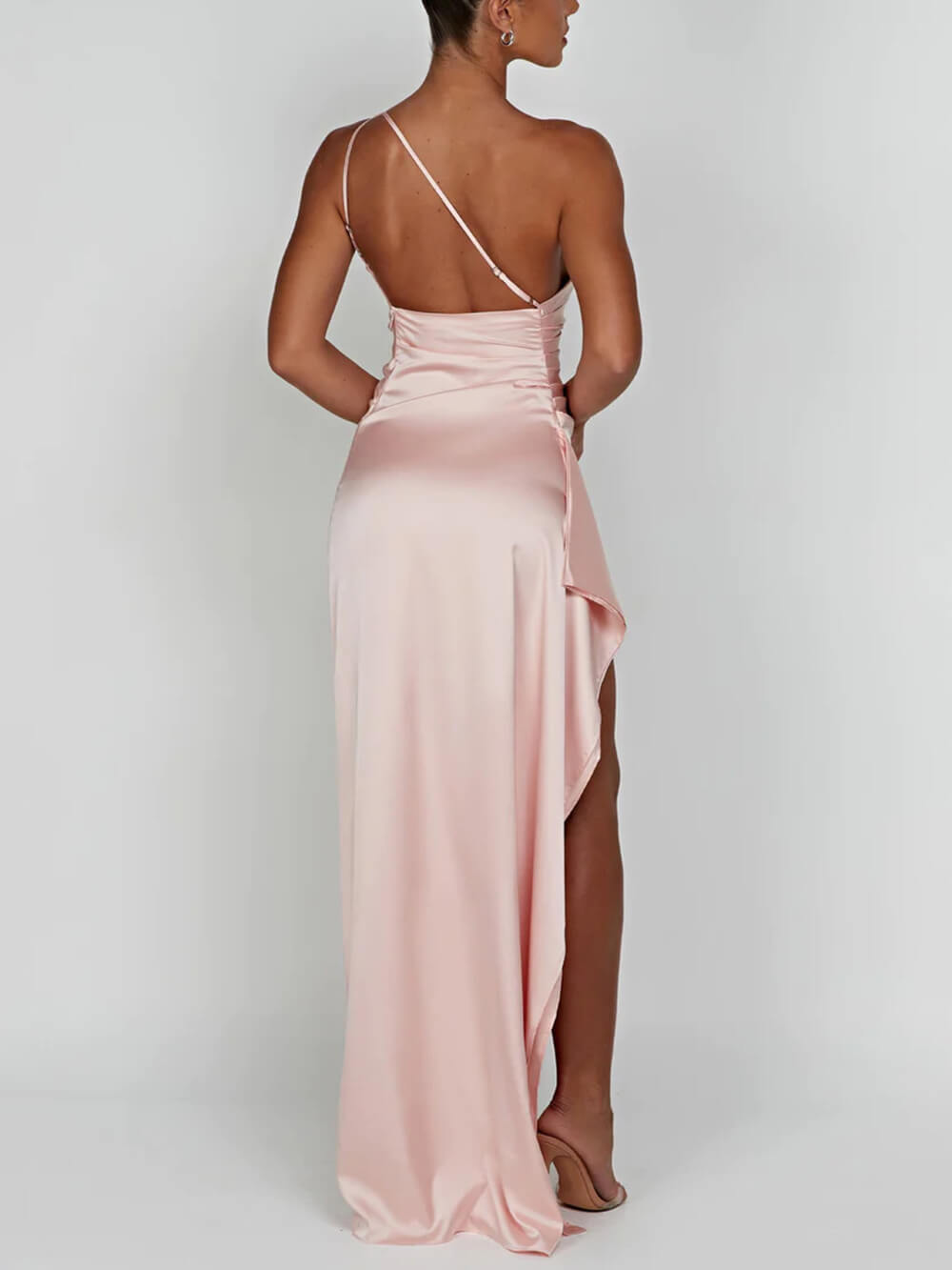 One Shoulder Ruched Bodice High Split Draped Satin Maxi Gown