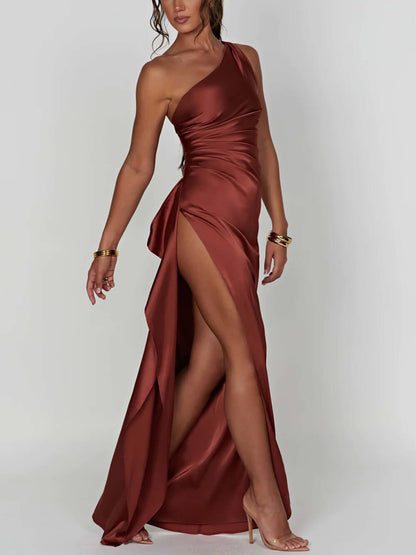One Shoulder Ruched Bodice High Split Draped Satin Maxi Gown