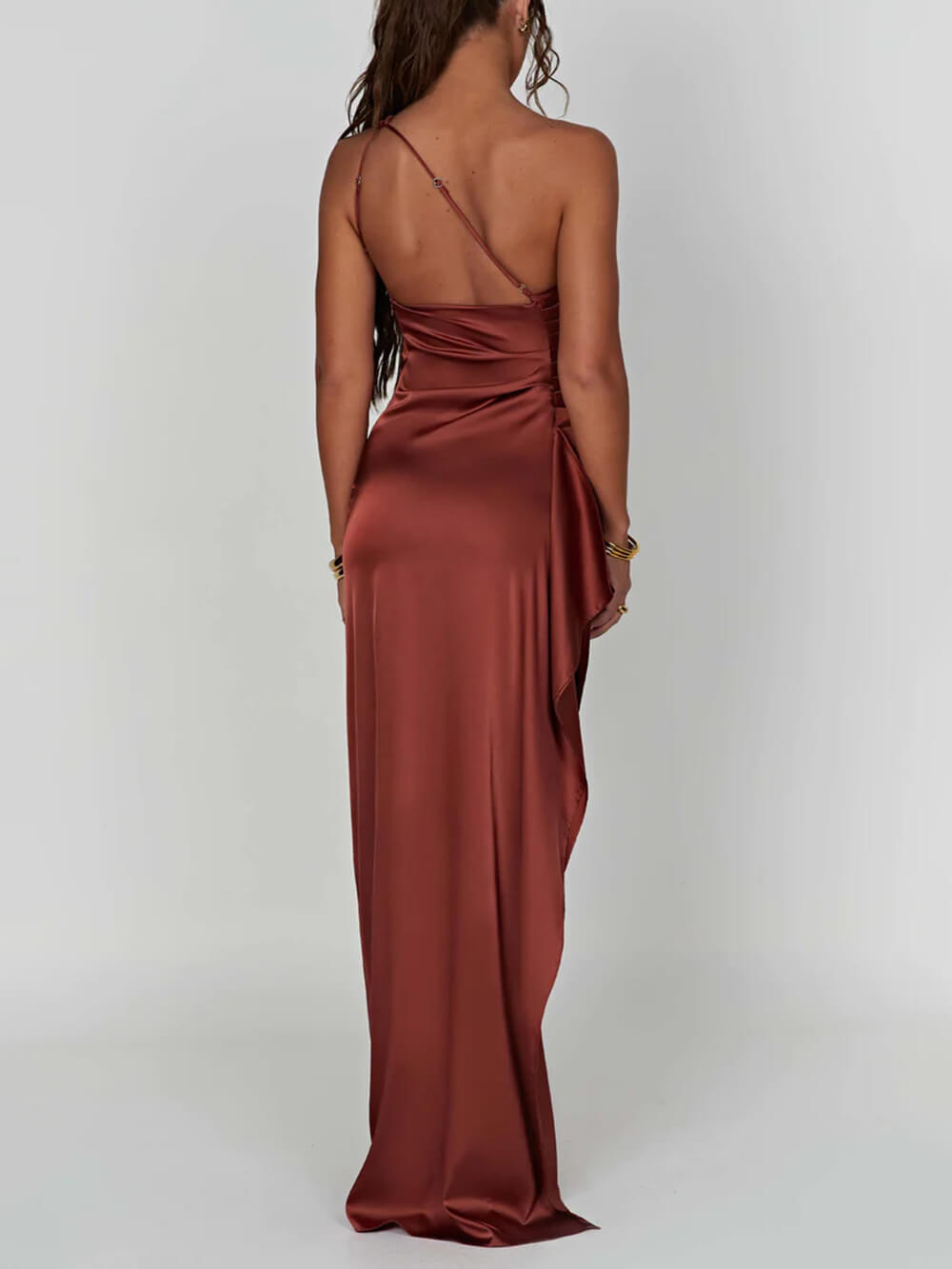 One Shoulder Ruched Bodice High Split Draped Satin Maxi Gown