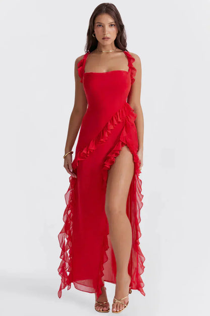 Ruffle Strap Square Neck Wrap Slit Chiffon Maxi Dress