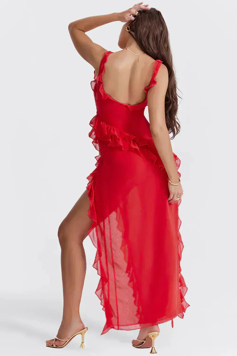 Ruffle Strap Square Neck Wrap Slit Chiffon Maxi Dress