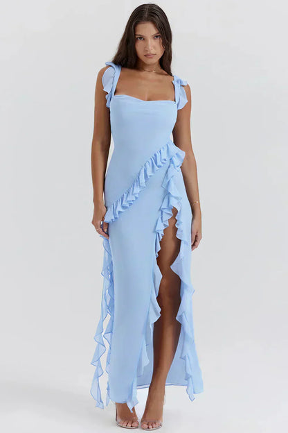 Ruffle Strap Square Neck Wrap Slit Chiffon Maxi Dress